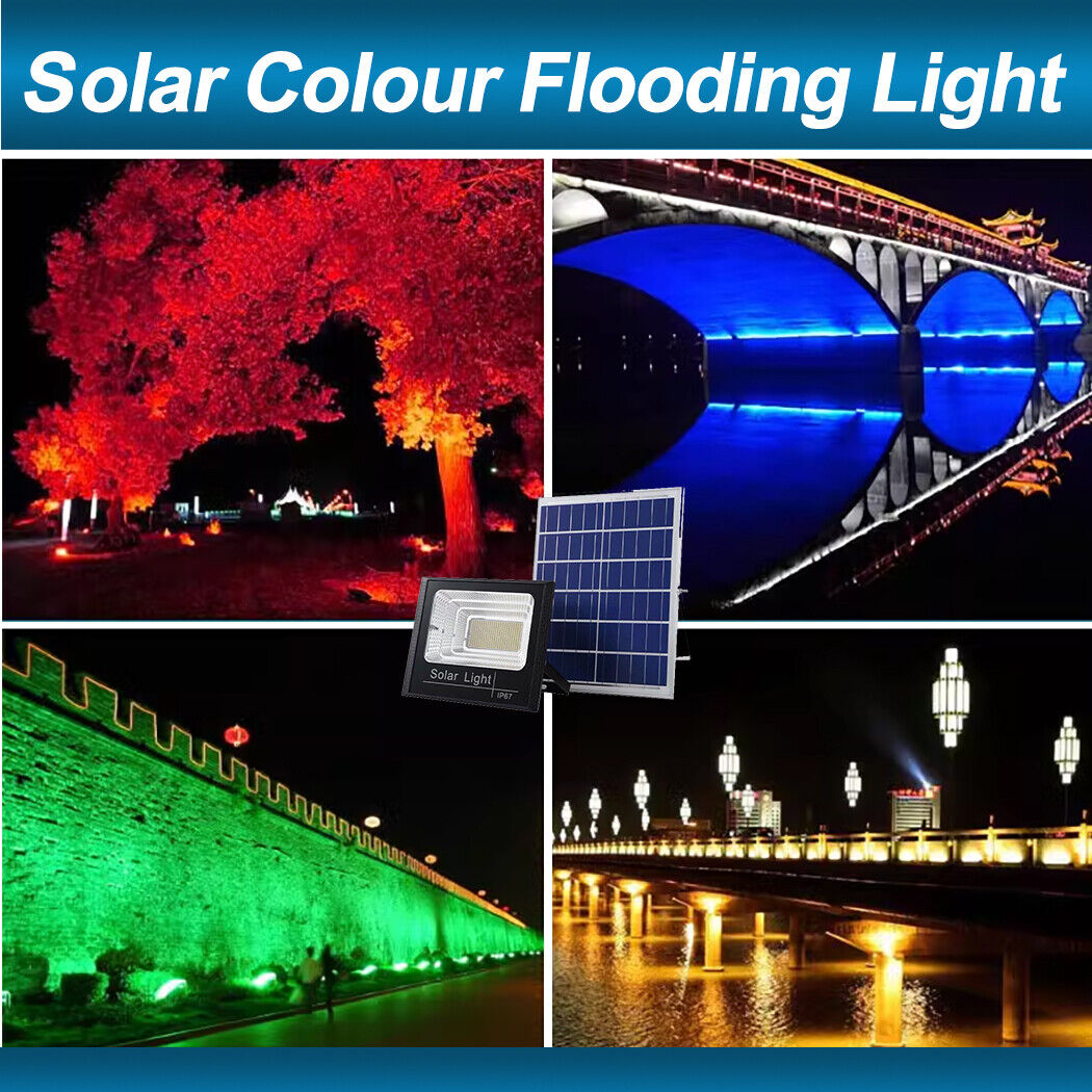 Smart solar-powered RGB floodlight with multi-color remote control. Features automatic dusk-to-dawn operation for hands-free lighting. Perfect for holiday decorations (Halloween, Christmas) or adding vibrant ambiance to garages, gardens, and porches. Energy-efficient and weather-resistant for year-round use.