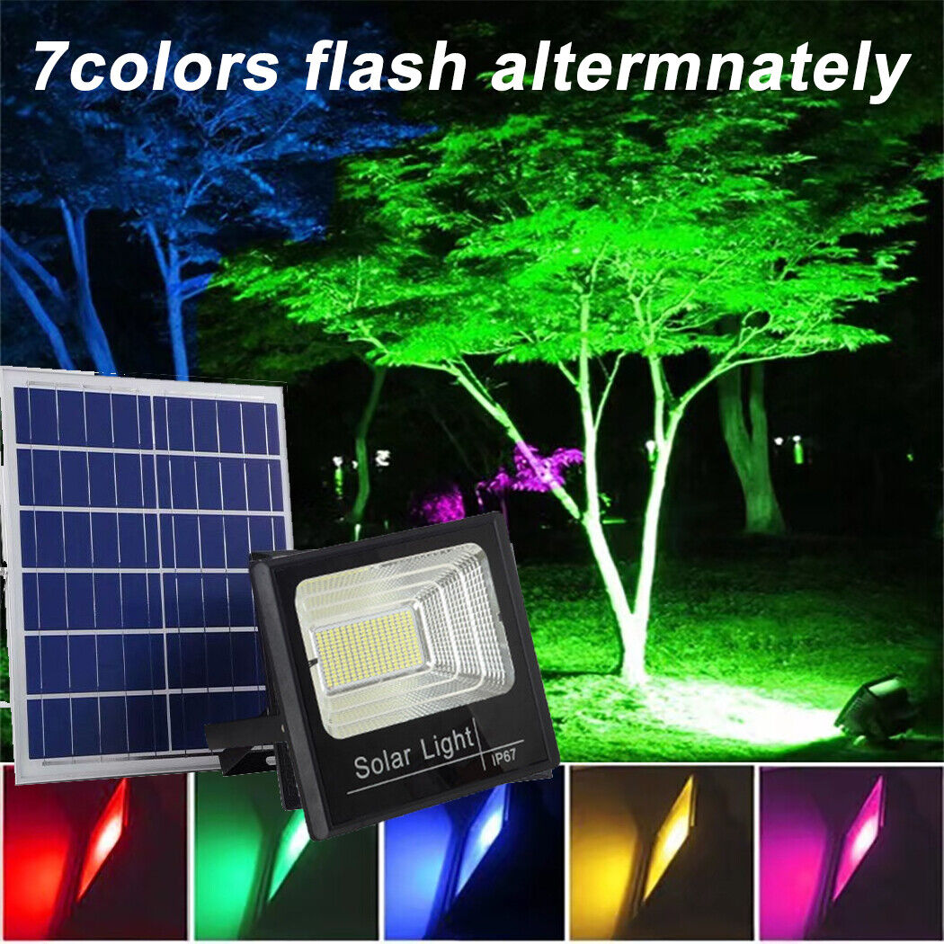 Solar-powered RGB color flood light with remote control. Automatically turns on at dusk and off at dawn for effortless operation. Ideal for festive lighting, including Halloween and Christmas, or enhancing garages, gardens, and porches with vibrant color accents.
