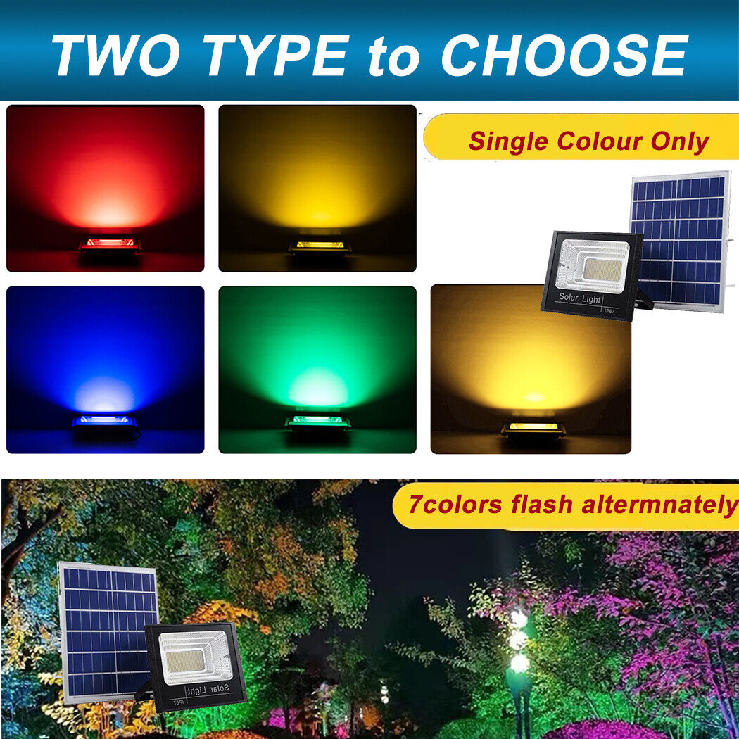 Solar Colour RGB LED Flood Light with 5 single-color options (Green, Red, Blue, Yellow, Warm White) and a 7-colour changing mode. Ideal for outdoor decoration, garages, porches, Halloween, and Christmas lighting